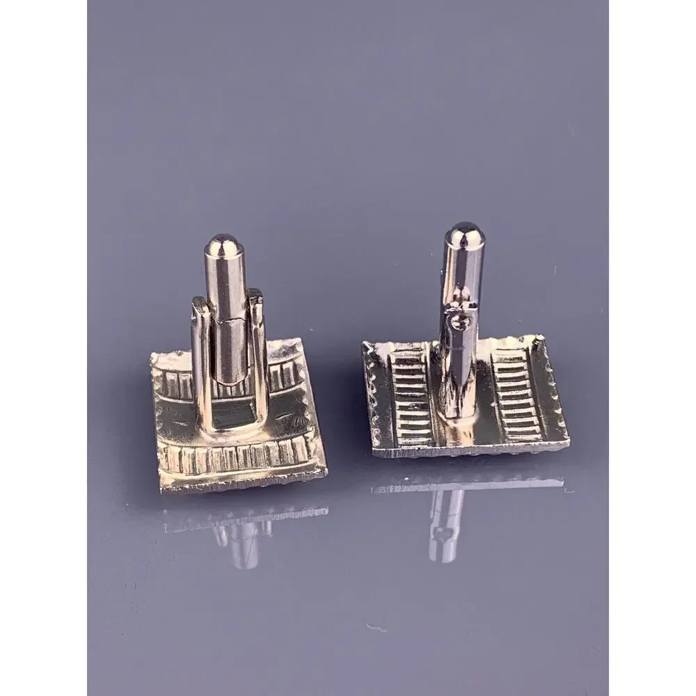 Decorative Fans Lines Cufflinks Silver Tone Stamped Art Deco Rectangle Vintage